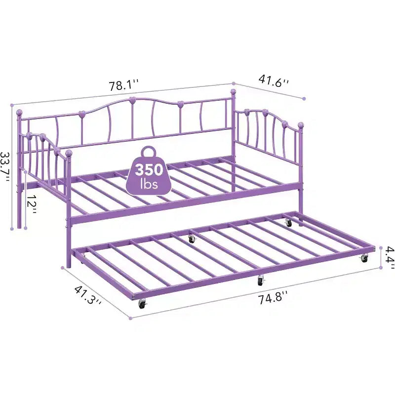 Lit de repos double en métal violet avec lit gigogne escamotable, motif cœur, support à lattes en acier, sommier tapissier non requis, lit-canapé peu encombrant