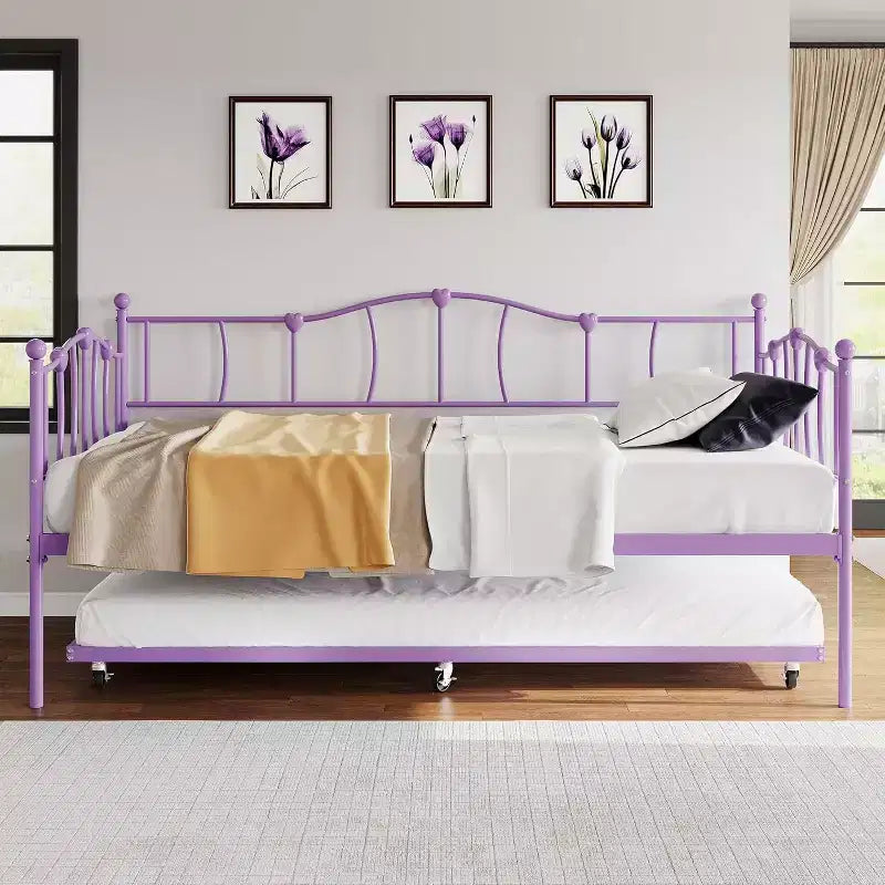 Lit de repos double en métal violet avec lit gigogne escamotable, motif cœur, support à lattes en acier, sommier tapissier non requis, lit-canapé peu encombrant