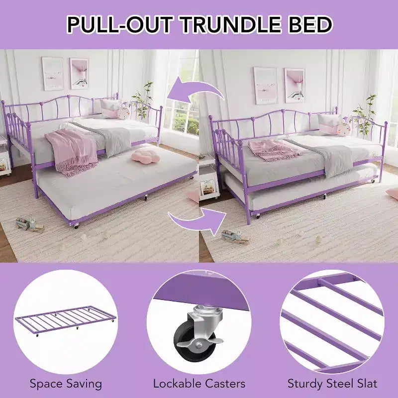 Lit de repos double en métal violet avec lit gigogne escamotable, motif cœur, support à lattes en acier, sommier tapissier non requis, lit-canapé peu encombrant