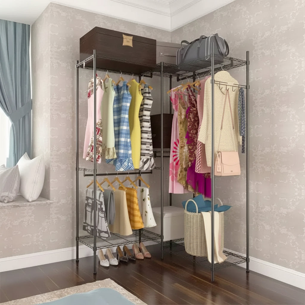 Portable 4 Rows Clothes Rack with 7 Layers Shelves Garment Rack Wardrobe Closet Rack