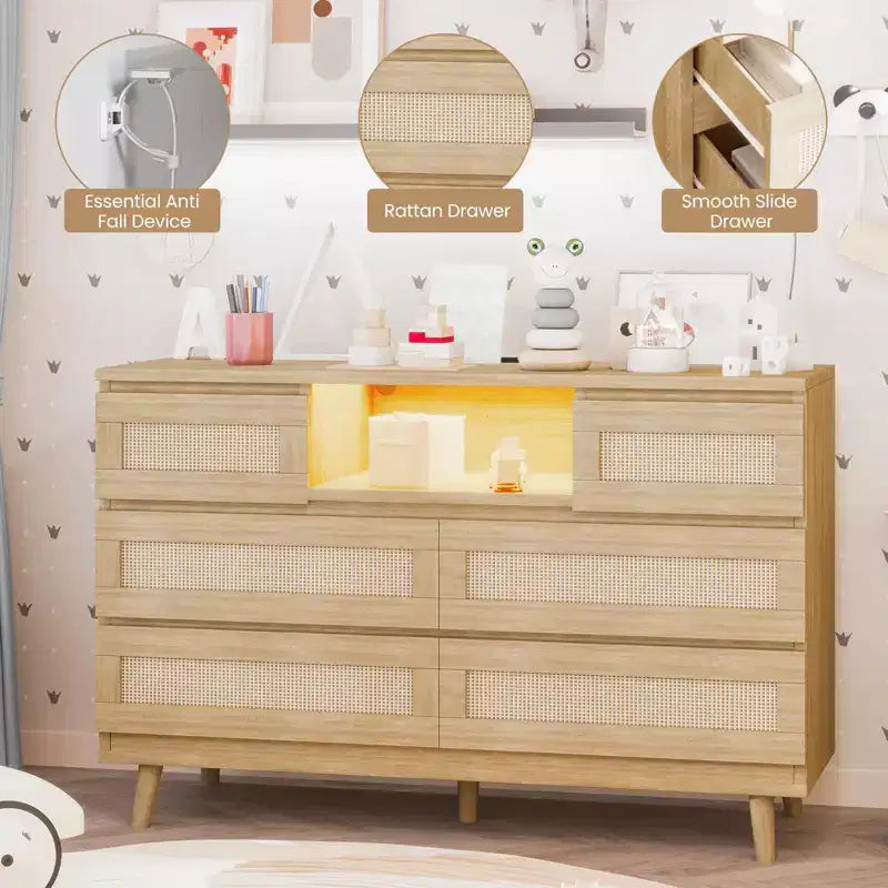 Commode 6 tiroirs en rotin naturel – 120 x 40 x 80 cm avec lumière LED et station de recharge, meuble de rangement rustique pour chambre/salon/crèche