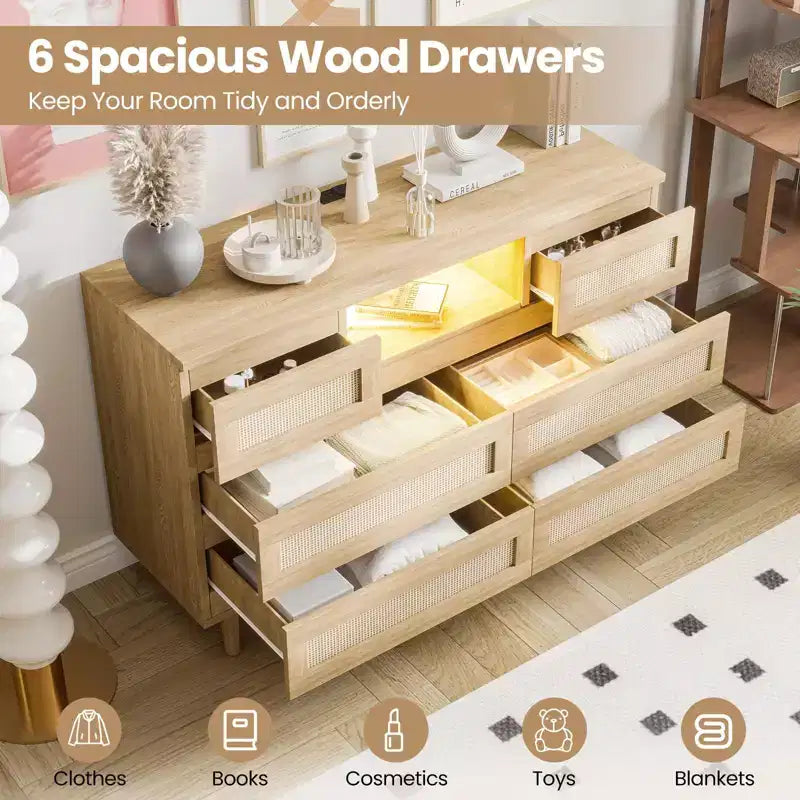 Commode 6 tiroirs en rotin naturel – 120 x 40 x 80 cm avec lumière LED et station de recharge, meuble de rangement rustique pour chambre/salon/crèche