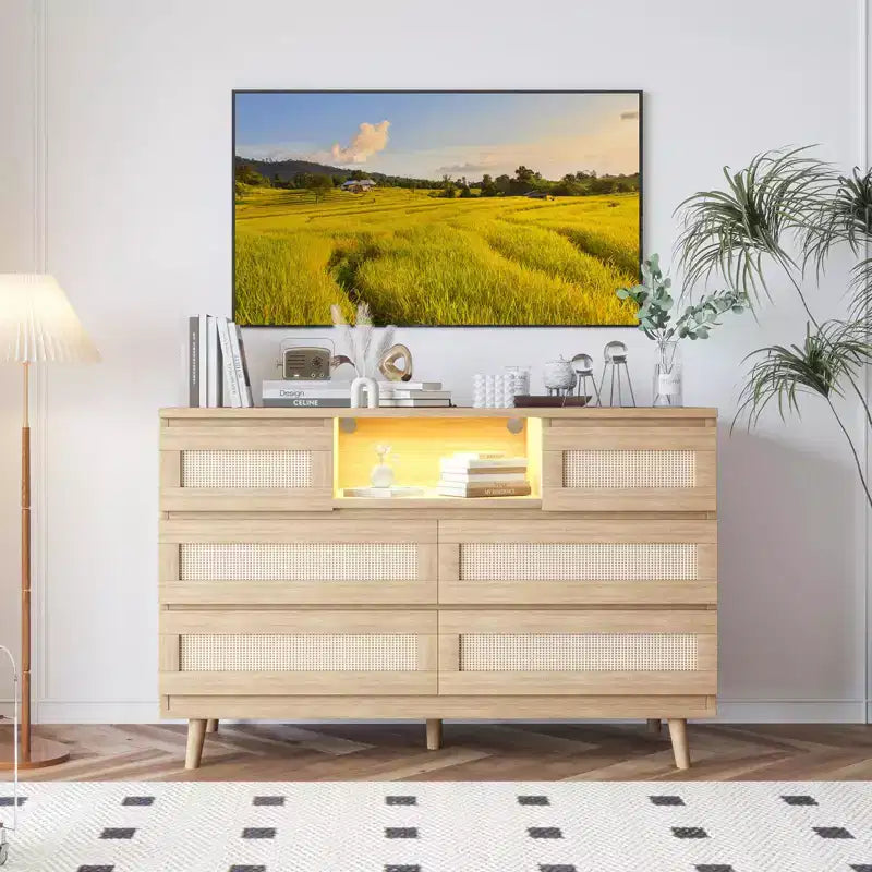 Commode 6 tiroirs en rotin naturel – 120 x 40 x 80 cm avec lumière LED et station de recharge, meuble de rangement rustique pour chambre/salon/crèche