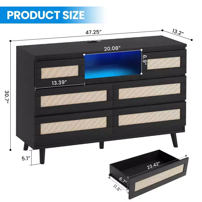 Commode 6 tiroirs en rotin naturel – 120 x 40 x 80 cm avec lumière LED et station de recharge, meuble de rangement rustique pour chambre/salon/crèche