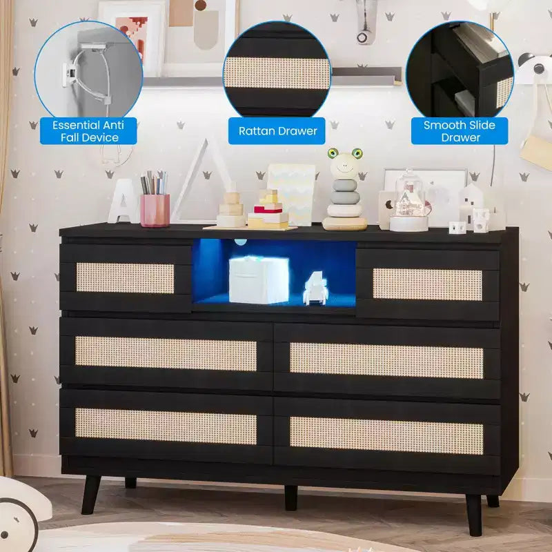 Commode 6 tiroirs en rotin naturel – 120 x 40 x 80 cm avec lumière LED et station de recharge, meuble de rangement rustique pour chambre/salon/crèche