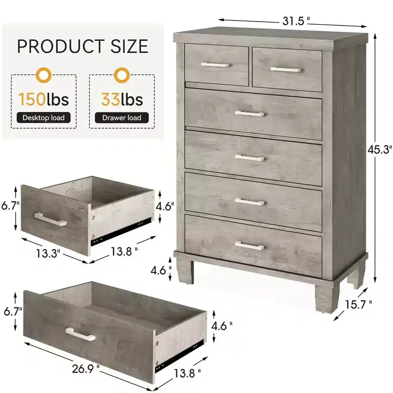 Commode de Chambre à Coucher avec 6 Tiroirs, Grande Commode Haute de 45 Po avec Rangement, Grande Commode pour Placard, Meuble de Rangement en Bois pour Entrée