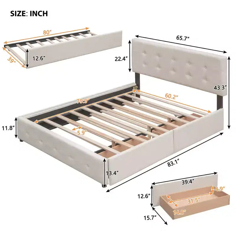 Lit plateforme rembourré avec 2 tiroirs et 1 lit gigogne jumeau XL en tissu de lin taille Queen - Beige foncé