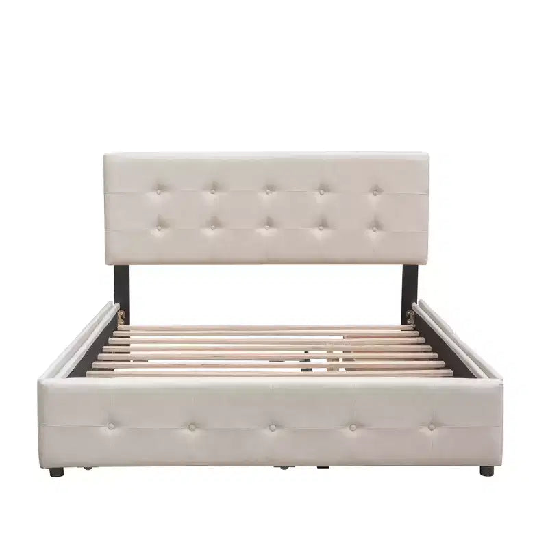 Lit plateforme rembourré avec 2 tiroirs et 1 lit gigogne jumeau XL en tissu de lin taille Queen - Beige foncé