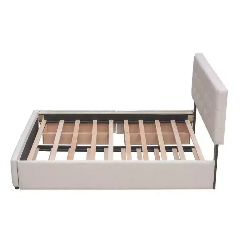 Lit plateforme rembourré avec 2 tiroirs et 1 lit gigogne jumeau XL en tissu de lin taille Queen - Beige foncé