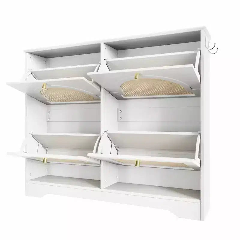 Meuble à chaussures Whisen étroit à bascule et armoire à chaussures avec 4 tiroirs basculants et portes en rotin, 2 crochets argentés