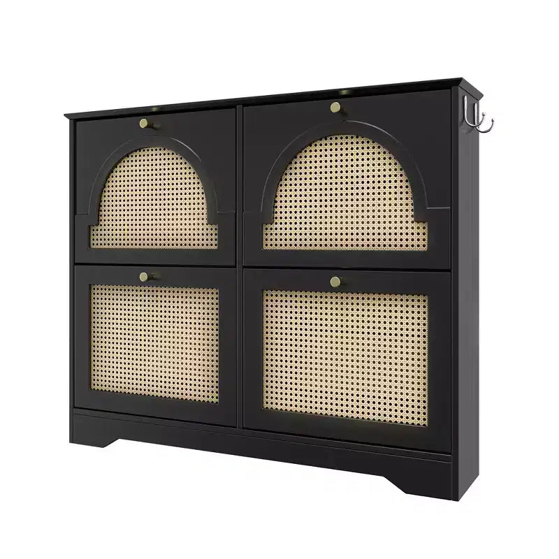 Meuble à chaussures Whisen étroit à bascule et armoire à chaussures avec 4 tiroirs basculants et portes en rotin, 2 crochets argentés