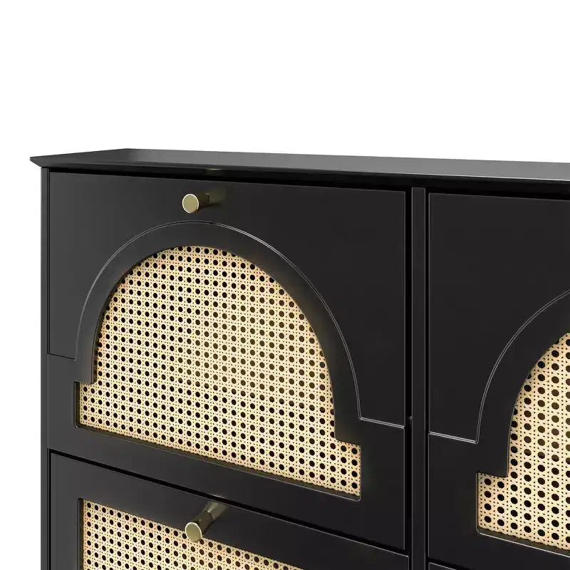 Meuble à chaussures Whisen étroit à bascule et armoire à chaussures avec 4 tiroirs basculants et portes en rotin, 2 crochets argentés