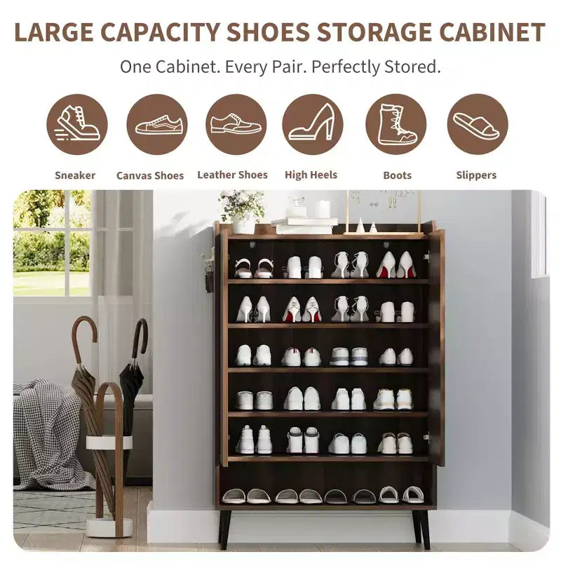 Grand meuble à chaussures GustoWave avec 2 portes, meuble de rangement pour chaussures d'entrée à 6 niveaux avec étagères réglables, organisateur de porte-chaussures autoportant