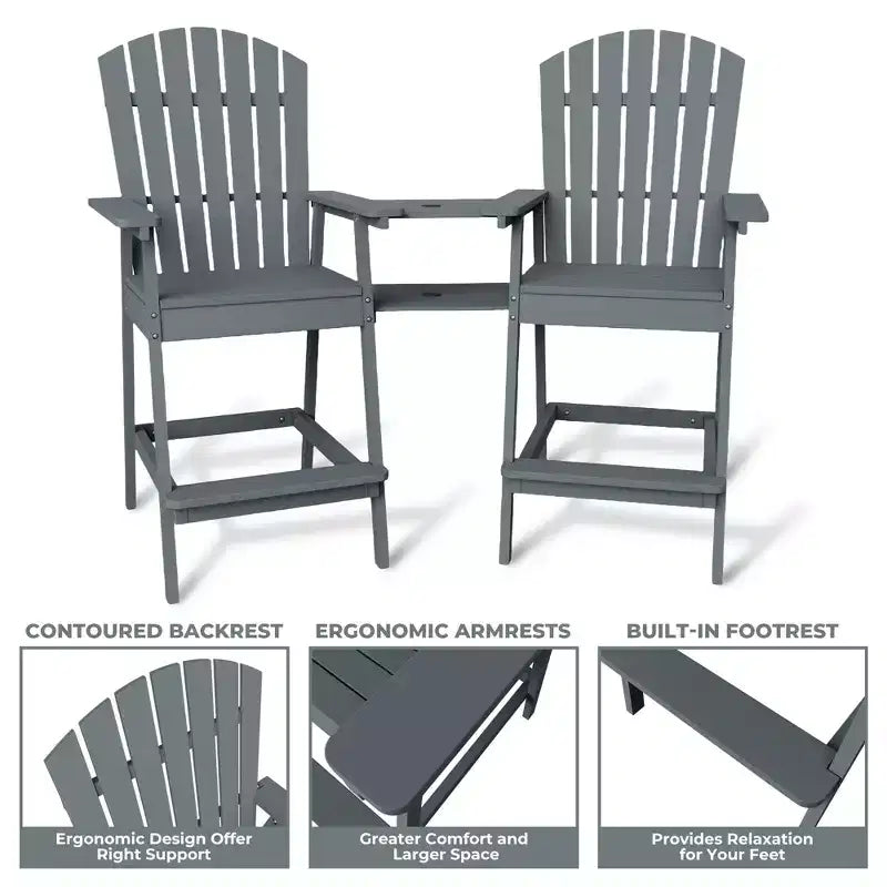 2 chaises de bar Adirondack hautes de terrasse, tabourets de bar Adirondack d'extérieur avec plateau de connexion, chaise de tabouret de bar à dossier haut