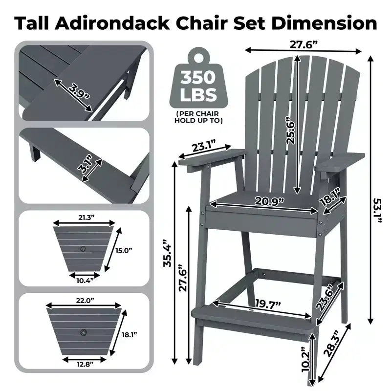 2 chaises de bar Adirondack hautes de terrasse, tabourets de bar Adirondack d'extérieur avec plateau de connexion, chaise de tabouret de bar à dossier haut