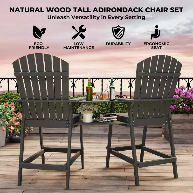 2 chaises de bar Adirondack hautes de terrasse, tabourets de bar Adirondack d'extérieur avec plateau de connexion, chaise de tabouret de bar à dossier haut