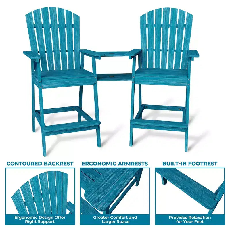 2 chaises de bar Adirondack hautes de terrasse, tabourets de bar Adirondack d'extérieur avec plateau de connexion, chaise de tabouret de bar à dossier haut
