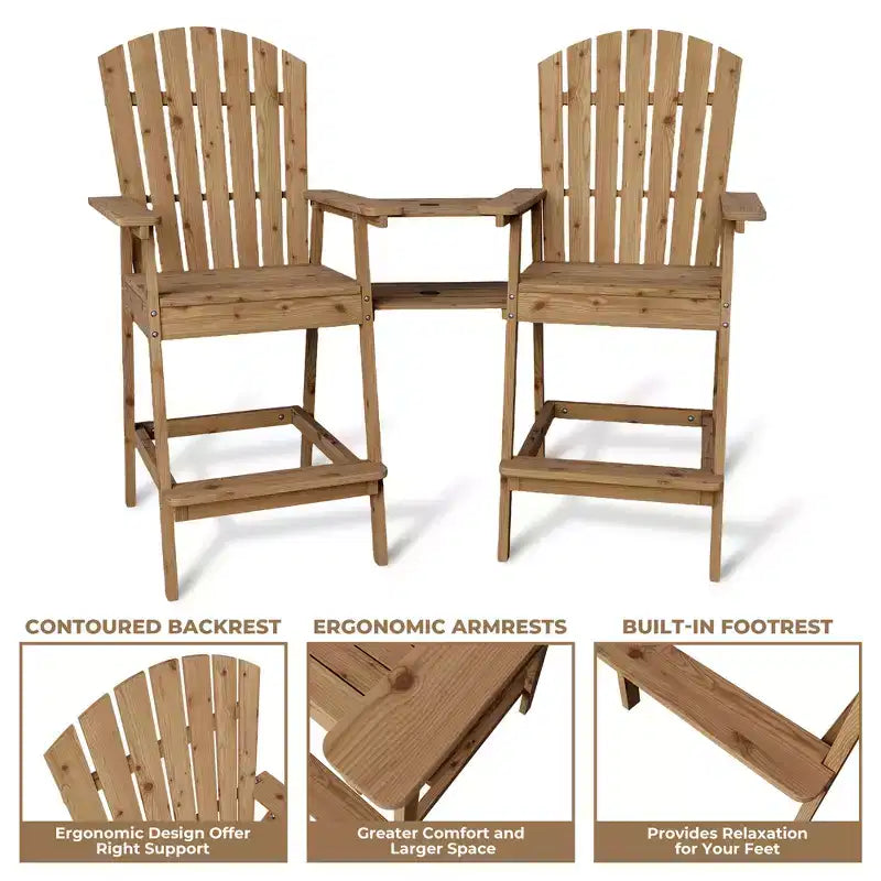 2 chaises de bar Adirondack hautes de terrasse, tabourets de bar Adirondack d'extérieur avec plateau de connexion, chaise de tabouret de bar à dossier haut