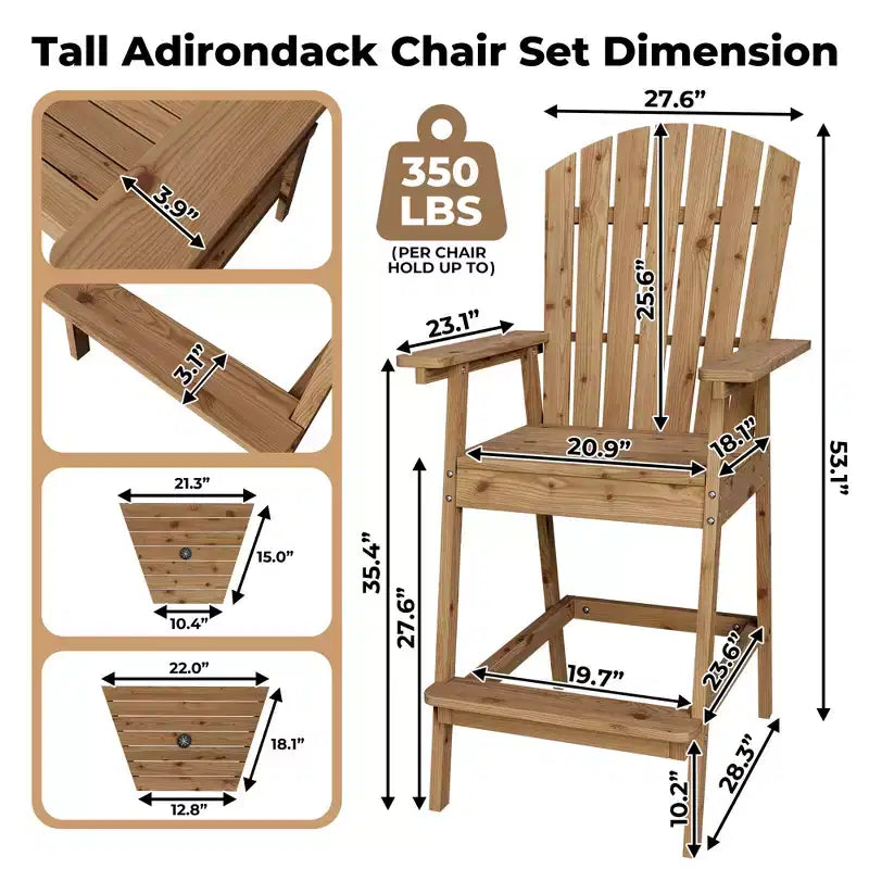 2 chaises de bar Adirondack hautes de terrasse, tabourets de bar Adirondack d'extérieur avec plateau de connexion, chaise de tabouret de bar à dossier haut