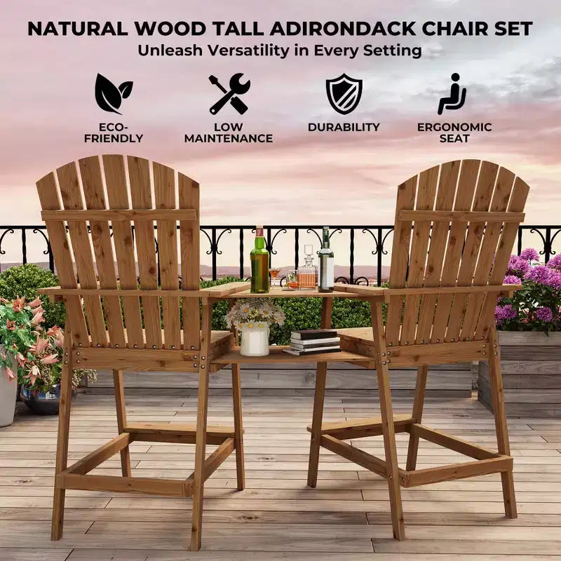 2 chaises de bar Adirondack hautes de terrasse, tabourets de bar Adirondack d'extérieur avec plateau de connexion, chaise de tabouret de bar à dossier haut