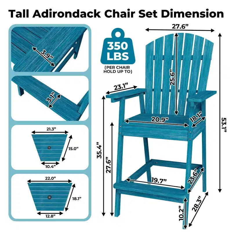 2 chaises de bar Adirondack hautes de terrasse, tabourets de bar Adirondack d'extérieur avec plateau de connexion, chaise de tabouret de bar à dossier haut