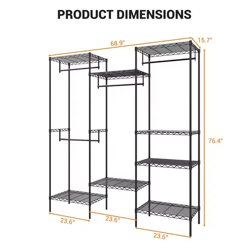 Portant à vêtements métallique autoportant, portant à vêtements robuste avec 8 étagères et 4 tringles de suspension, portant de placard réglable