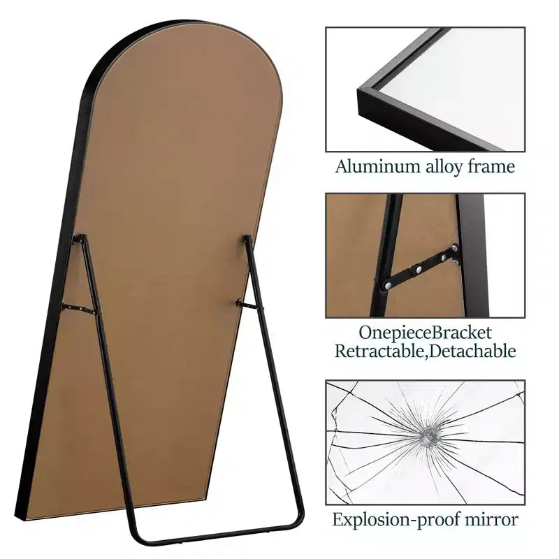 PexFix 31 po (L) x 71 po (H) Miroir corps entier arqué autoportant Cadre en métal Miroir mural Grand miroir de sol Noir