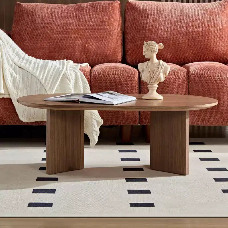 Table basse ovale moderne Okak 39L, petite table d'appoint avec base piédestal robuste, taille compacte pour salon et chambre à coucher
