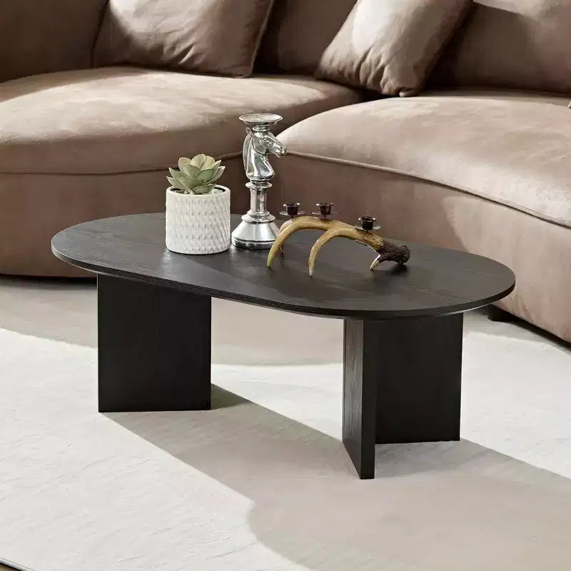 Table basse ovale moderne Okak 39L, petite table d'appoint avec base piédestal robuste, taille compacte pour salon et chambre à coucher