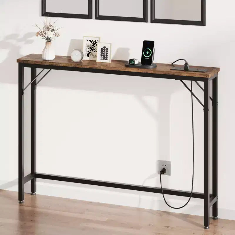 Console étroite, Table d'appoint pour canapé de salon, Table de canapé mince en métal et MDF, Table de couloir industrielle pour entrée, Foyer