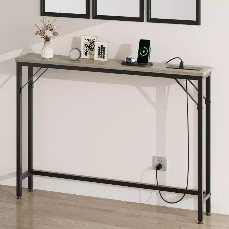 Console étroite, Table d'appoint pour canapé de salon, Table de canapé mince en métal et MDF, Table de couloir industrielle pour entrée, Foyer