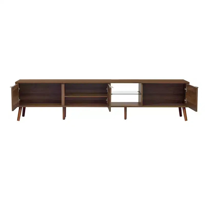 Meuble TV ModernLuxe pour TV jusqu'à 85 pouces, meuble de divertissement avec étagères ouvertes et portes en rotin, table console, noyer