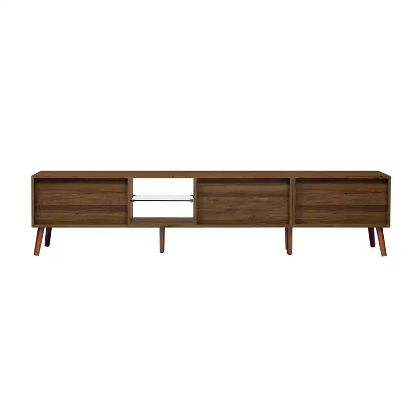 Meuble TV ModernLuxe pour TV jusqu'à 85 pouces, meuble de divertissement avec étagères ouvertes et portes en rotin, table console, noyer