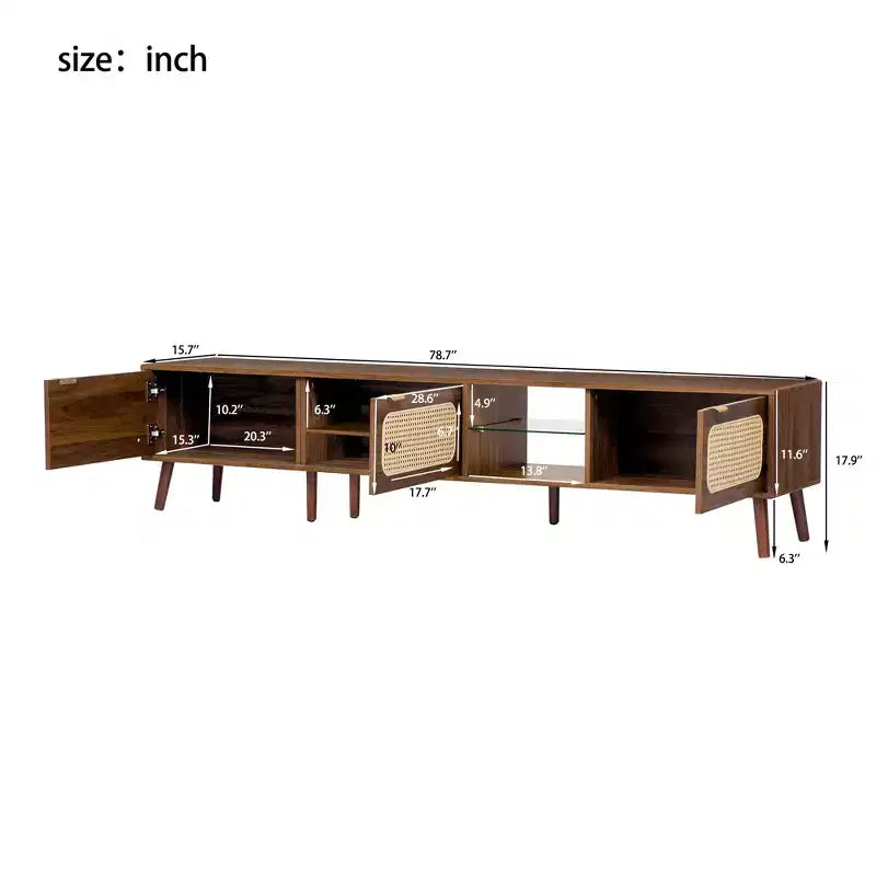 Meuble TV ModernLuxe pour TV jusqu'à 85 pouces, meuble de divertissement avec étagères ouvertes et portes en rotin, table console, noyer