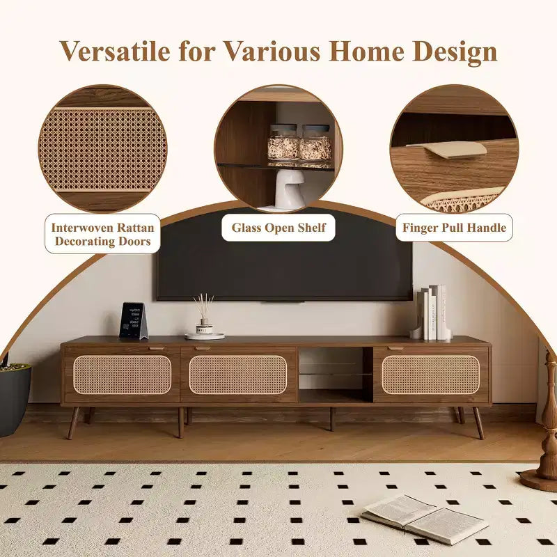 Meuble TV ModernLuxe pour TV jusqu'à 85 pouces, meuble de divertissement avec étagères ouvertes et portes en rotin, table console, noyer