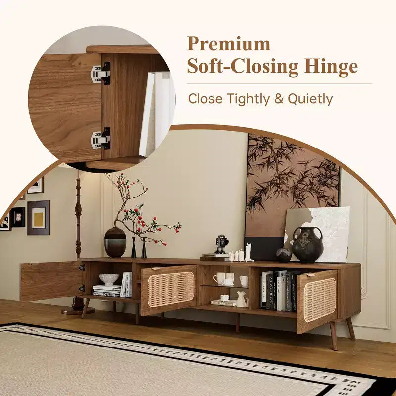 Meuble TV ModernLuxe pour TV jusqu'à 85 pouces, meuble de divertissement avec étagères ouvertes et portes en rotin, table console, noyer