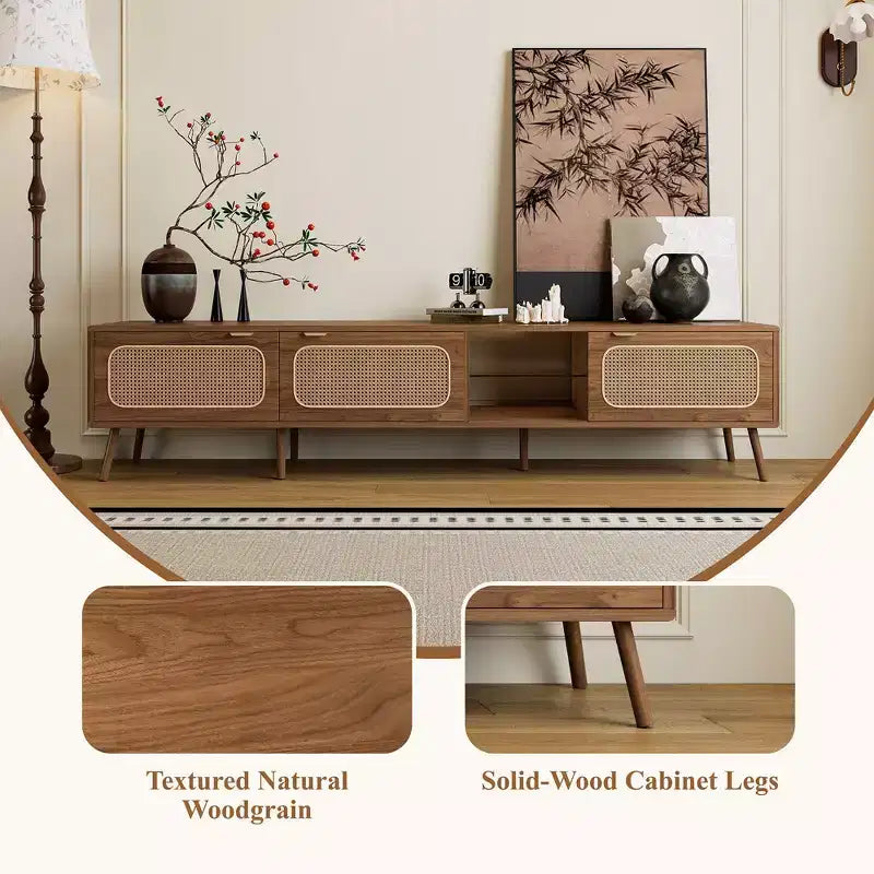 Meuble TV ModernLuxe pour TV jusqu'à 85 pouces, meuble de divertissement avec étagères ouvertes et portes en rotin, table console, noyer