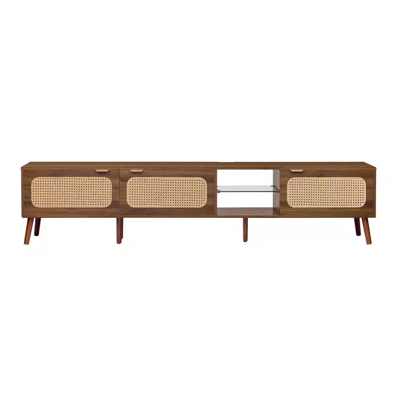 Meuble TV ModernLuxe pour TV jusqu'à 85 pouces, meuble de divertissement avec étagères ouvertes et portes en rotin, table console, noyer