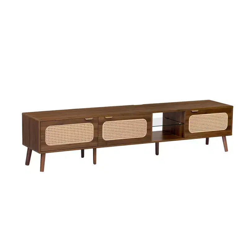 Meuble TV ModernLuxe pour TV jusqu'à 85 pouces, meuble de divertissement avec étagères ouvertes et portes en rotin, table console, noyer