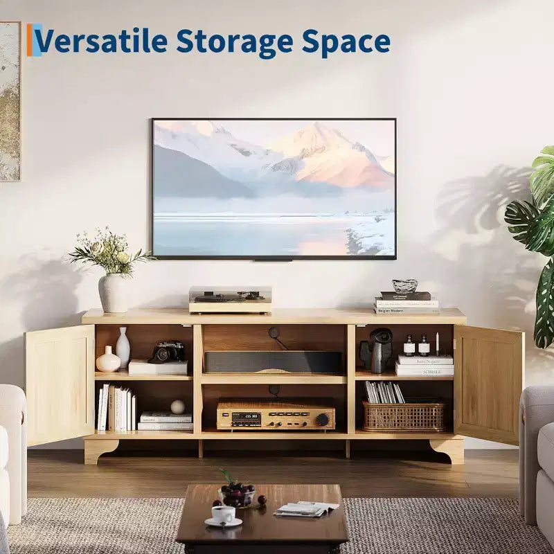 Meuble TV en rotin moderne pour téléviseurs jusqu'à 70 pouces, meuble de divertissement de 61 pouces avec armoire et étagères ouvertes, table de console média en bois