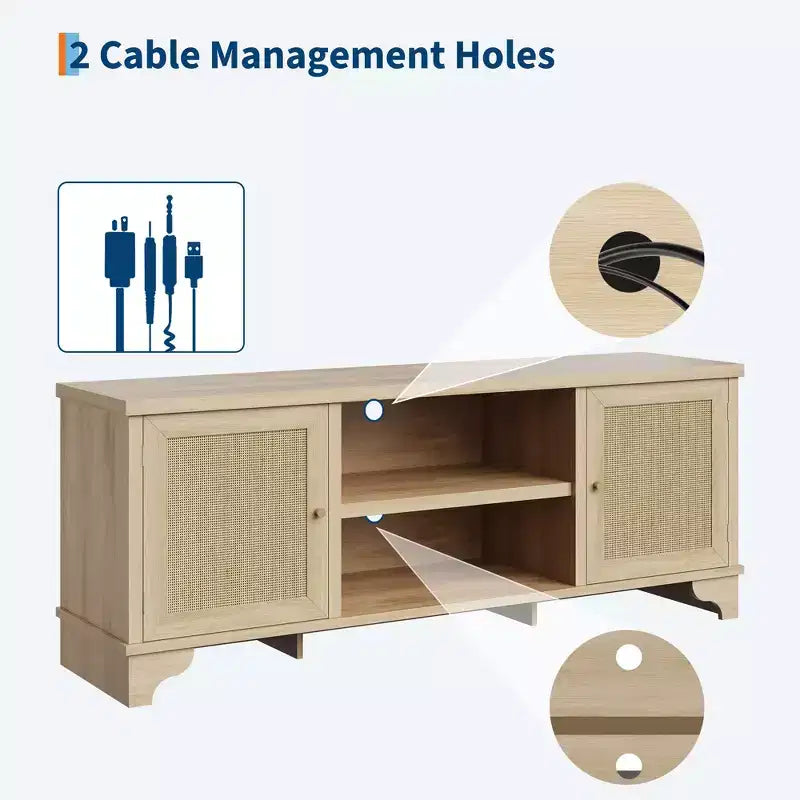 Meuble TV en rotin moderne pour téléviseurs jusqu'à 70 pouces, meuble de divertissement de 61 pouces avec armoire et étagères ouvertes, table de console média en bois