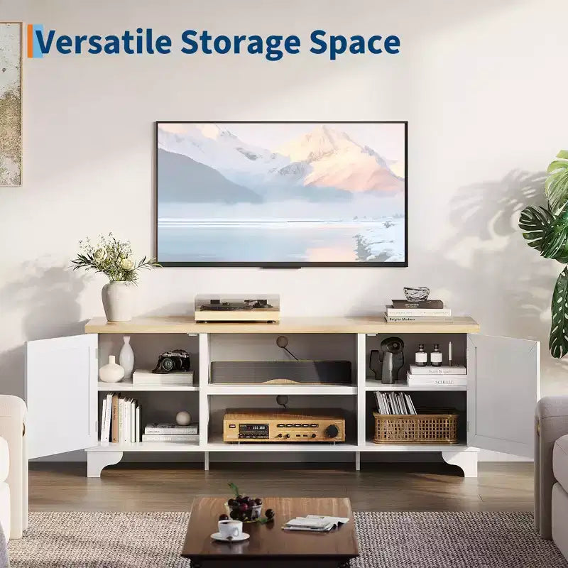 Meuble TV en rotin moderne pour téléviseurs jusqu'à 70 pouces, meuble de divertissement de 61 pouces avec armoire et étagères ouvertes, table de console média en bois