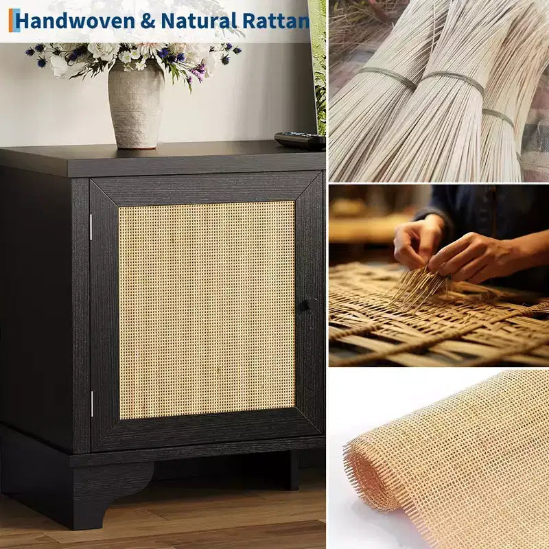 Meuble TV en rotin moderne pour téléviseurs jusqu'à 70 pouces, meuble de divertissement de 61 pouces avec armoire et étagères ouvertes, table de console média en bois