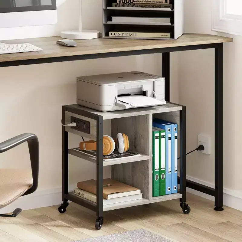 Meuble d'imprimante sous bureau, table d'imprimante industrielle avec 3 étagères de rangement, chariot d'imprimante mobile robuste avec roulettes verrouillables, bureau à domicile