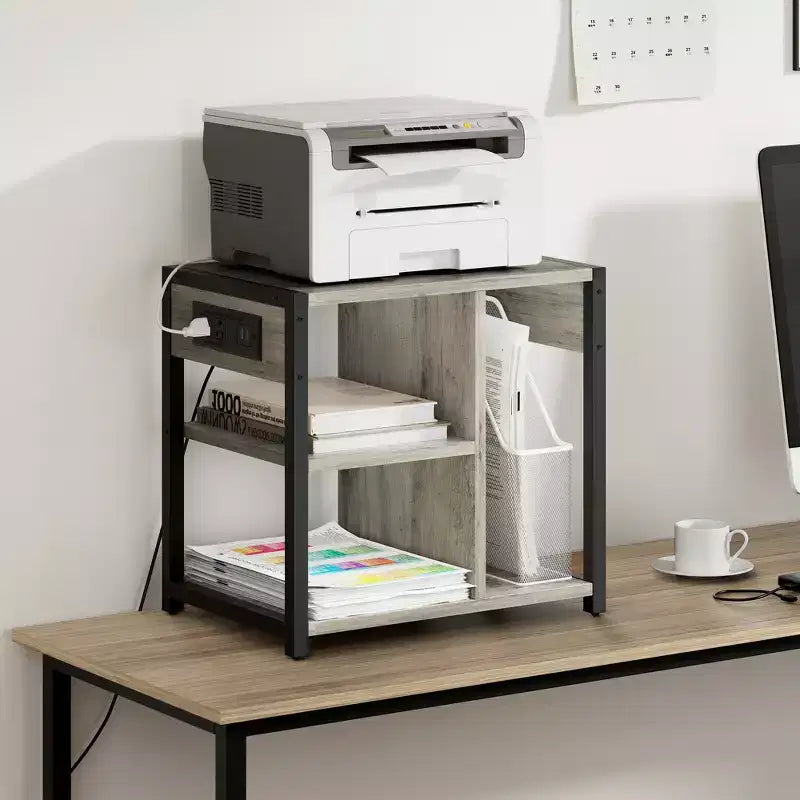 Meuble d'imprimante sous bureau, table d'imprimante industrielle avec 3 étagères de rangement, chariot d'imprimante mobile robuste avec roulettes verrouillables, bureau à domicile