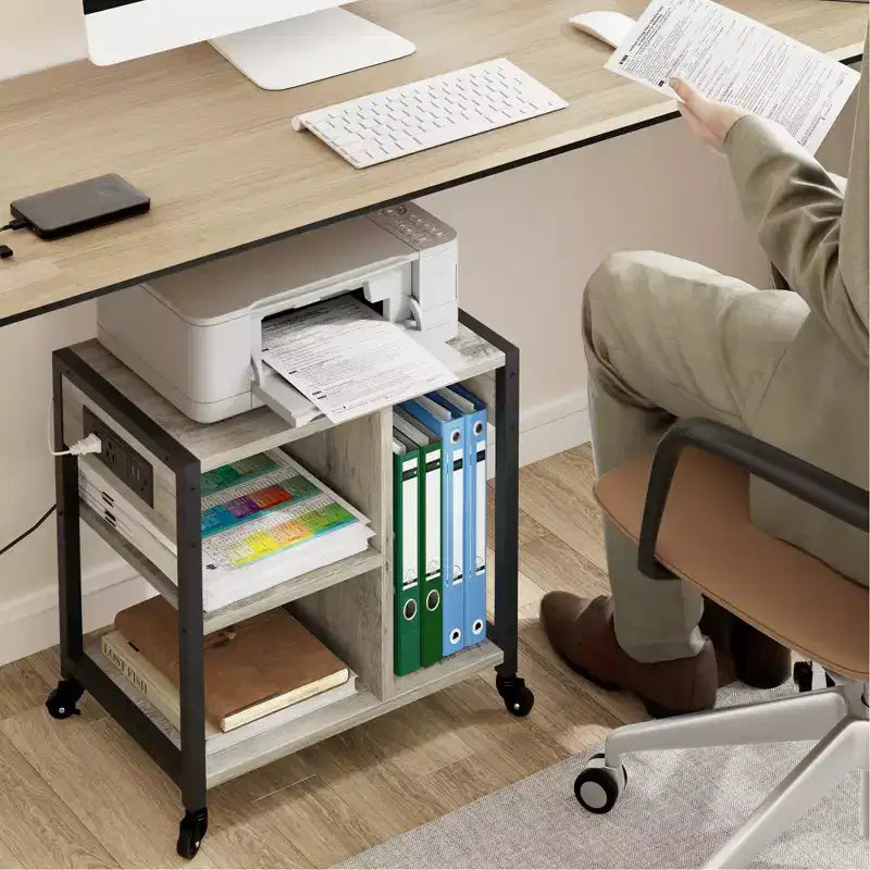 Meuble d'imprimante sous bureau, table d'imprimante industrielle avec 3 étagères de rangement, chariot d'imprimante mobile robuste avec roulettes verrouillables, bureau à domicile