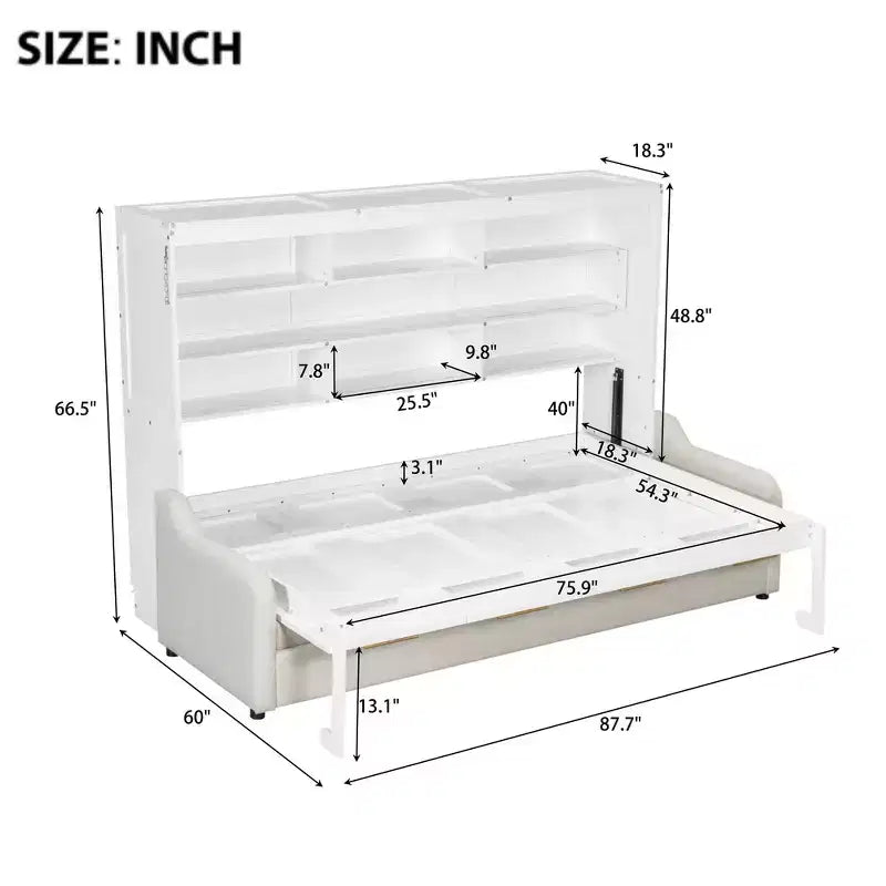 Lit escamotable de taille Queen Whisen Wood avec canapé pliant, étagères de rangement intégrées et lumière LED