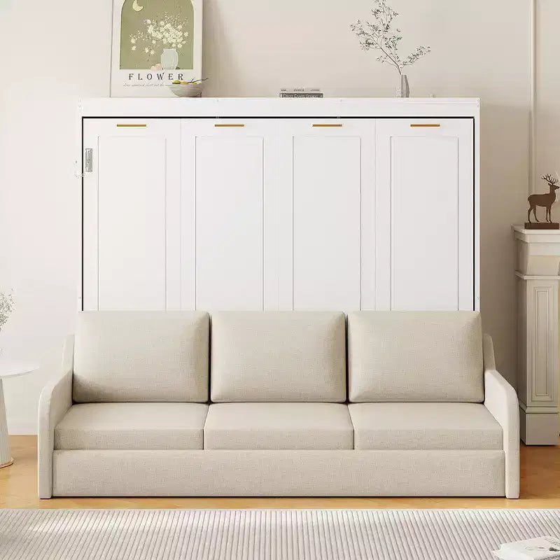 Lit escamotable de taille Queen Whisen Wood avec canapé pliant, étagères de rangement intégrées et lumière LED