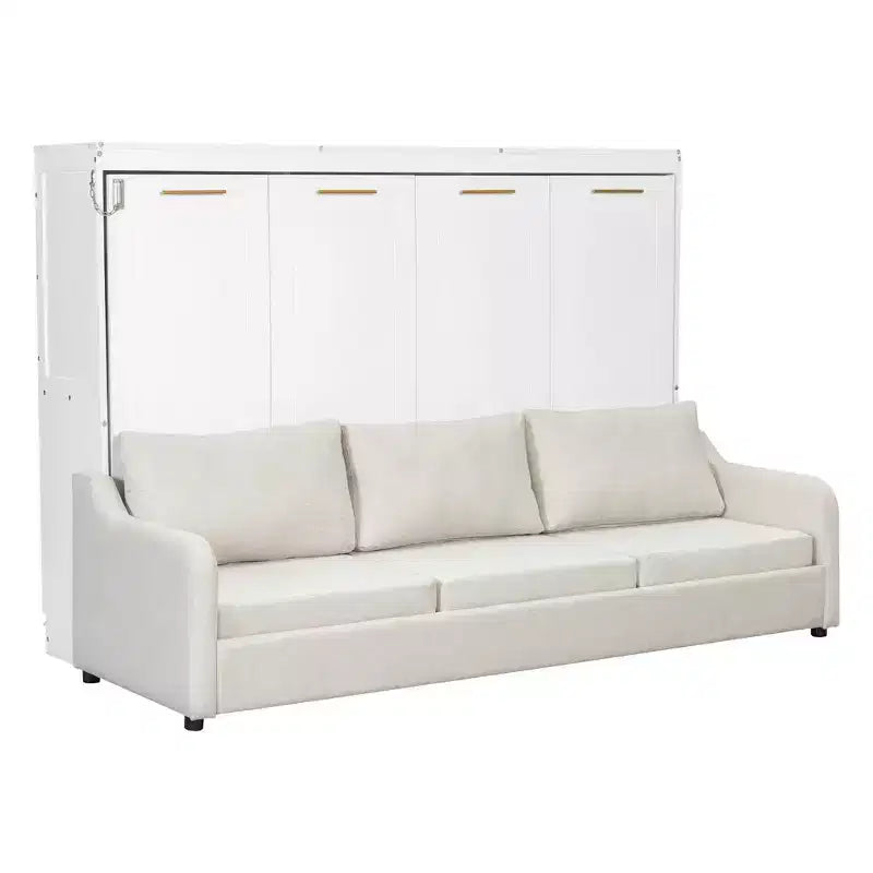 Lit escamotable de taille Queen Whisen Wood avec canapé pliant, étagères de rangement intégrées et lumière LED