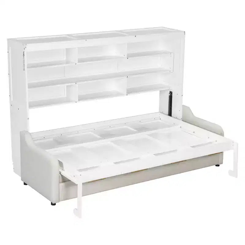 Lit escamotable de taille Queen Whisen Wood avec canapé pliant, étagères de rangement intégrées et lumière LED